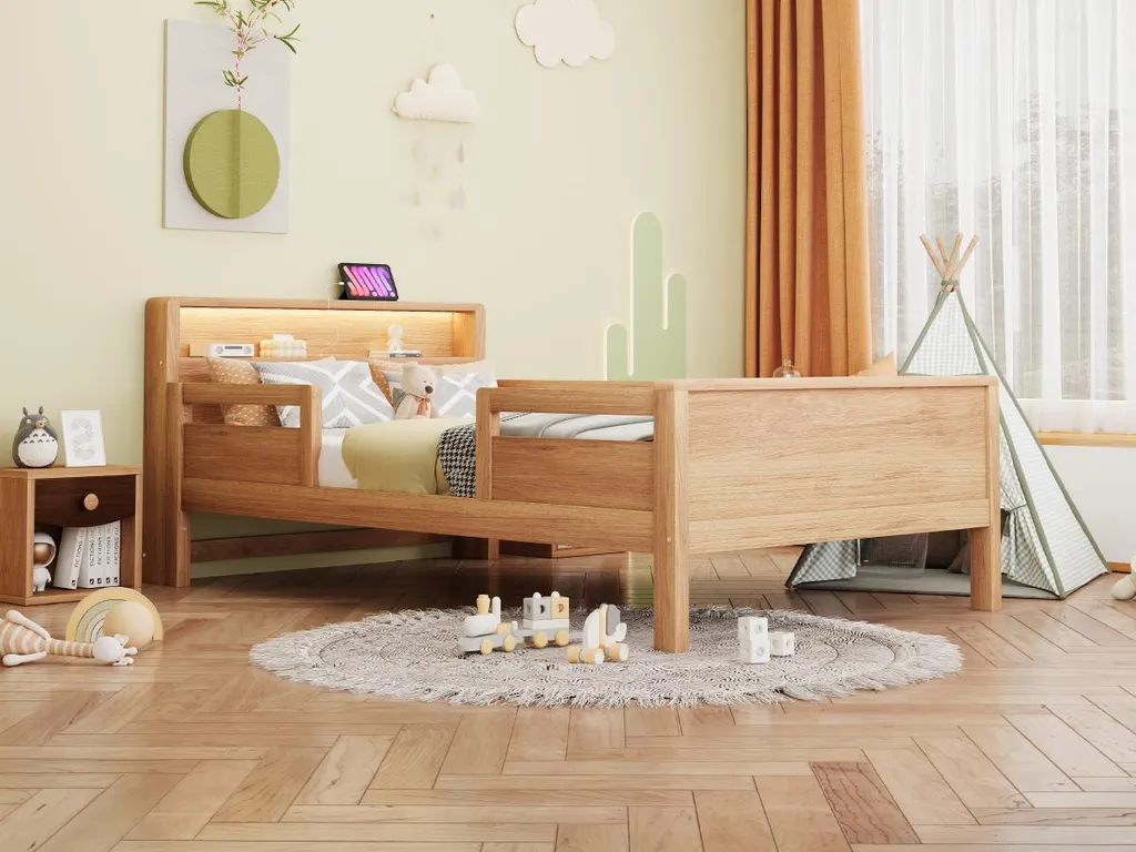 Lit Simple 90x200 cm Multifonctions en Pin Naturel avec LED et USB - 17