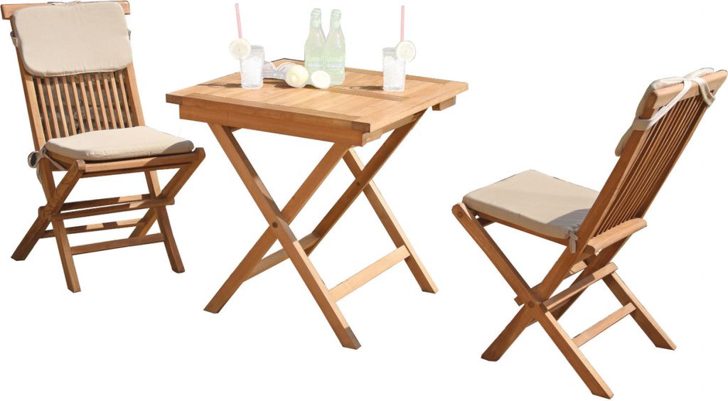 SunnySmart Bristol 3-teilige Balkon-Sitzgruppe Teakholz Balkontisch natur 70x70 cm