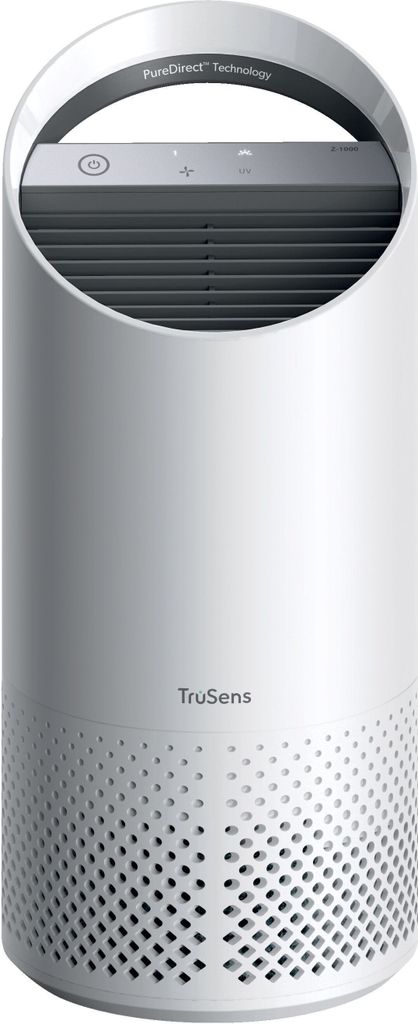A white and silver air purifier.