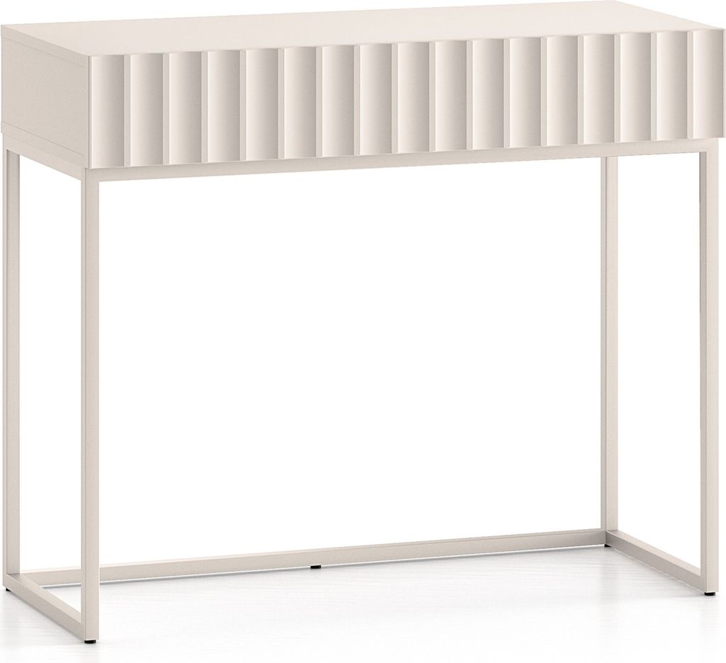 A light beige console table with a fluted drawer front and metal legs, shown against a white background.