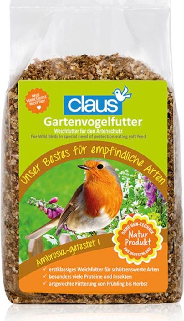 A bag of bird food with a label showing a robin.