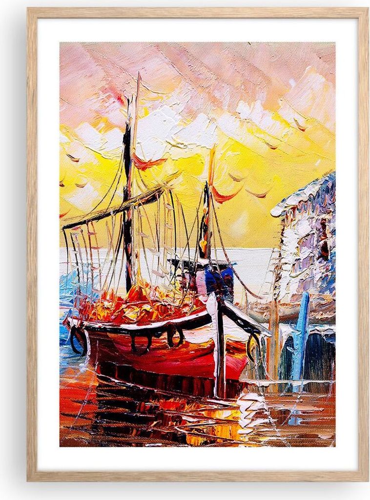 Gerahmtes Poster - Rahmen in heller Eiche - Boot Segel Meer - 50x70 cm - Wand Bild - Wanddeko - Wandbilder - Kunstposter - Wandposter - Bilderrahme...