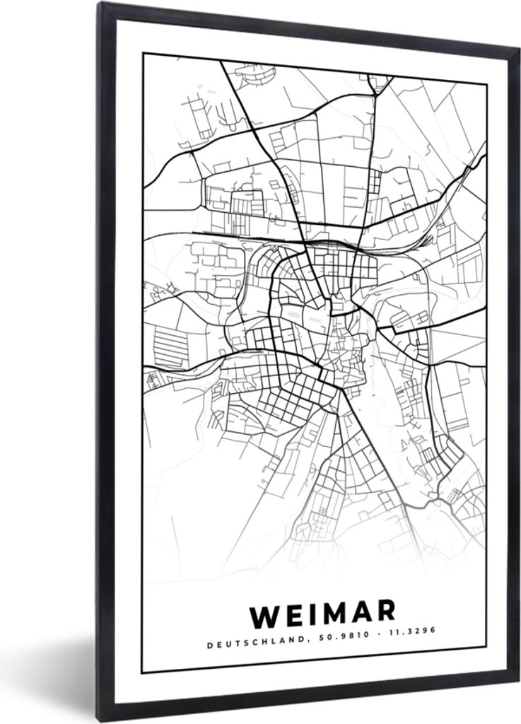 MuchoWow Gerahmtes Poster Karte - Stadtplan - Weimar 20x30 cm - Poster mit Schwarzem Bilderrahmen Wandposter Rahmen Foto Bilder - Drucken - Bilde...