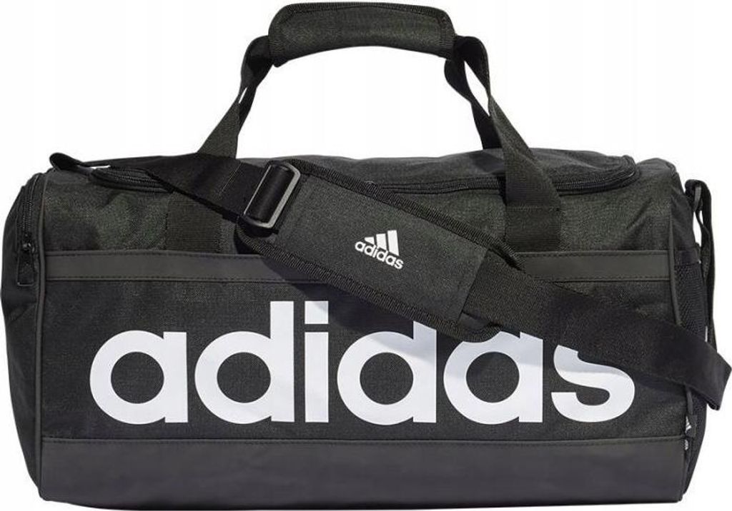 A black Adidas duffel bag with white lettering.