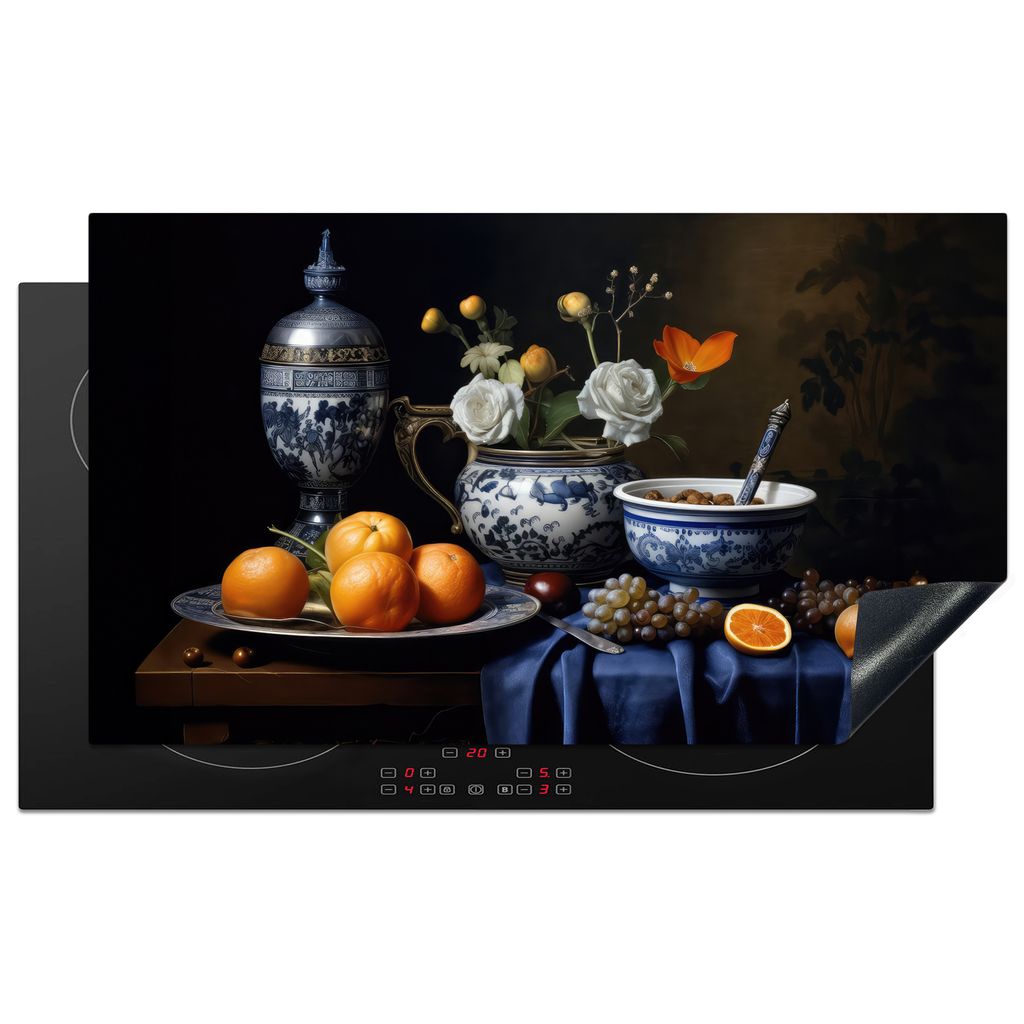 KitchenYeah Herdabdeckplatte Stilleben - Obst - Blumen - Delfter Blau - Niederländisch , 91x52cm, Küche Deko, Glaskeramikkochfeld Herdabdeckung...
