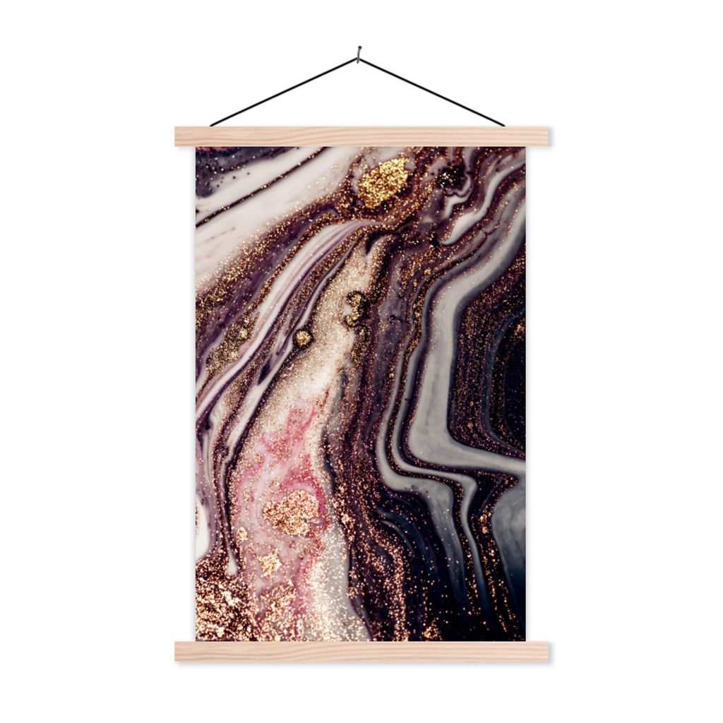 MuchoWow Textilposter Marmor - Rosa - Gold - Glitzer - Marmoroptik 60x90 cm mit holzfarbenen Rahmen - Textil