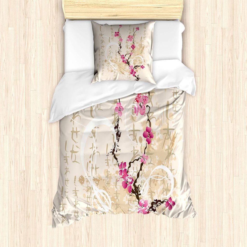 ABAKUHAUS Kirschblüte Bettbezug Set, Malerei-Art-Japaner-Kirschblüte-Baum auf Grungy Hintergrund mit Aufschrift, 135 x 200 cm + 80 x 80 cm, Mehrf...