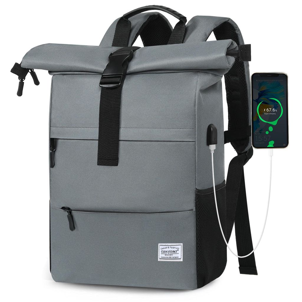 Cityrucksack Freizeitrucksack Groß Damen lässiger Rolltop Rucksack Herren Backpack, Arbeitsrucksack viele Fächer mit 15,6" Laptopfach/USB