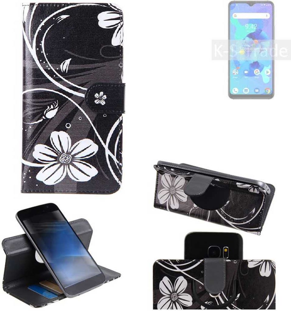 K-S-Trade Schutzhülle Handyhülle kompatibel mit UMIDIGI A7 Hülle 360° Wallet Case ''Flowers'' Klapphülle Hülle schwarz-weiß 1x