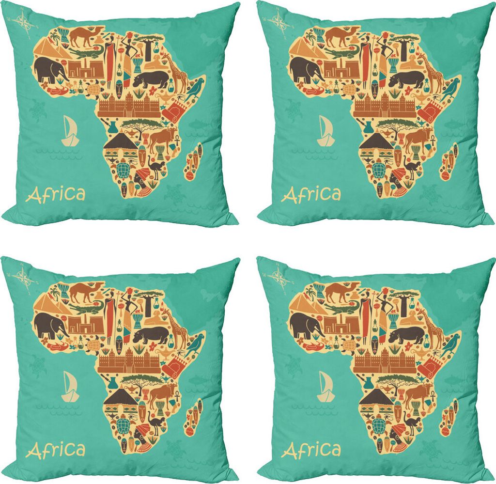 ABAKUHAUS Afrika Kissenbezug Set (4 Stück), Savannah Karte Tribal, Moderner Doppelseitiger Digitaldruck, 45 cm x 45 cm, Burnt Sienna Blassgelb