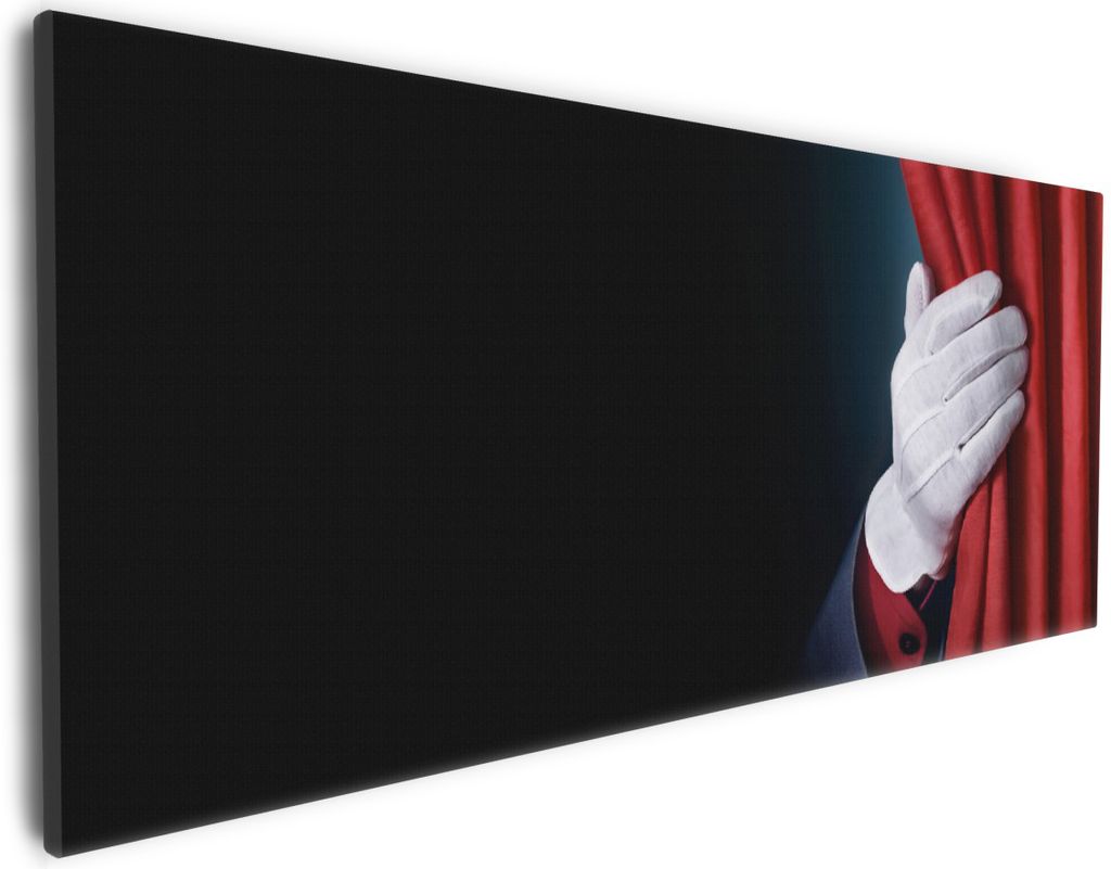 Wallario Premium Leinwandbild Vorhang auf für die Show Hand hinterm roten Vorhang in Größe 30 x 75 cm