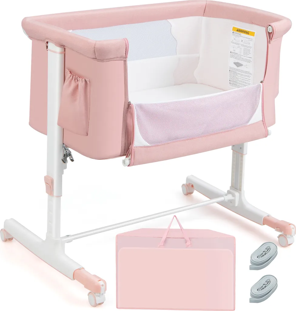 COSTWAY Lit d'appoint 3 en 1 Berceau évolutif avec Matelas inclus Rose