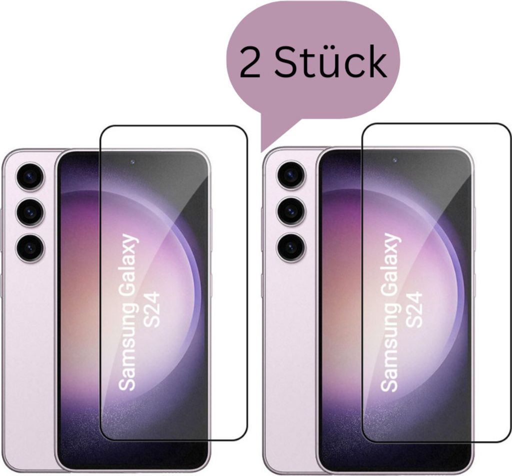 Two Samsung Galaxy S24 phones with screen protectors applied.