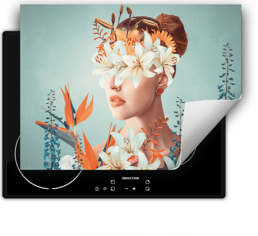 DarHaus Herdabdeckplatte 80x52 cm Anti Rutsch Matte Aufrollbar, Blumen - Frau