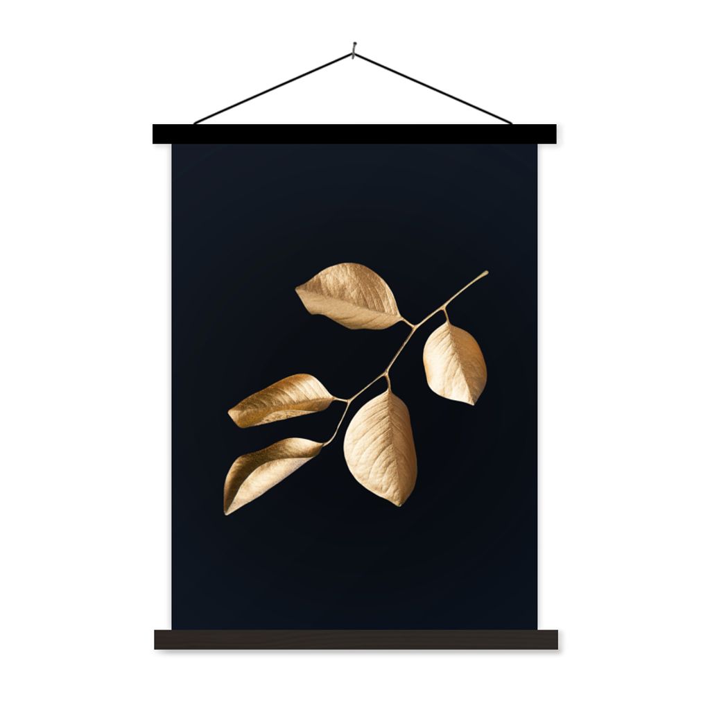 MuchoWow Textilposter Blätter - Zweig - Gold - Luxus 120x160 cm mit schwarzem Rahmen - Magnetischer