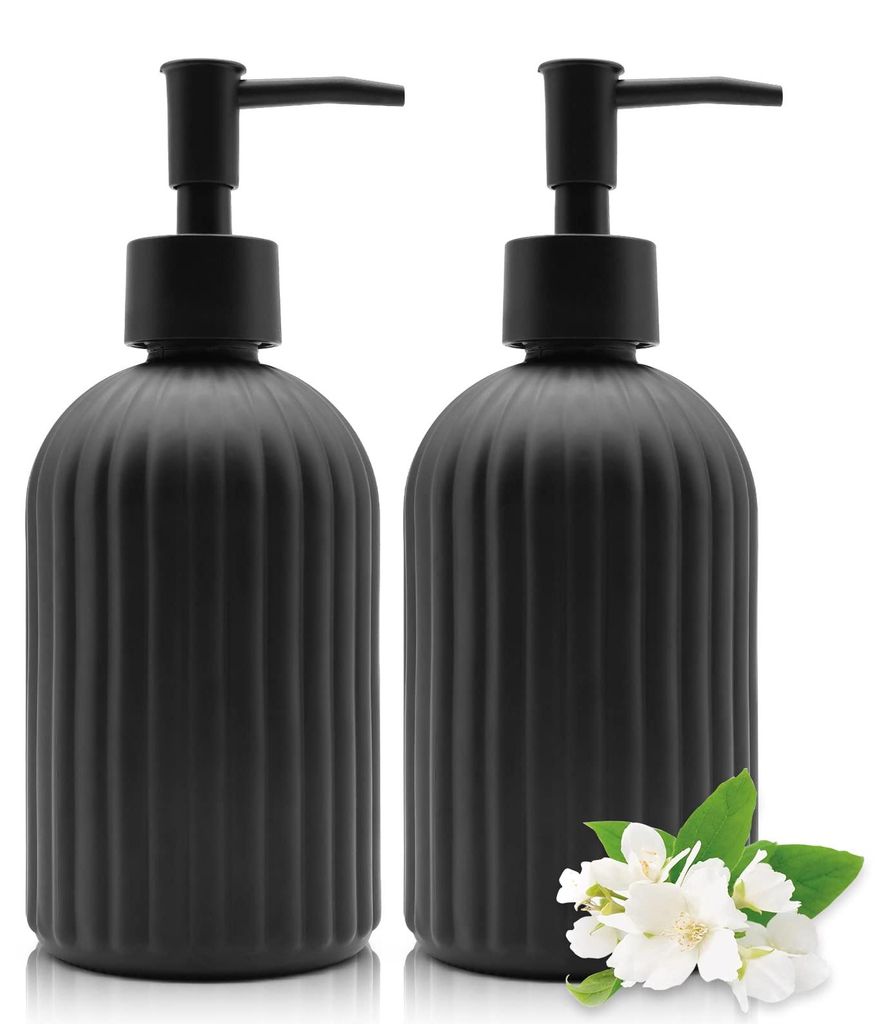 Set mit 2 Glasseifenspendern mit Pumpe, 400 ml, nachfüllbar, praktischer Glasspender für Flüssigseife, geeignet für Badezimmer, Arbeitsplatte, ...