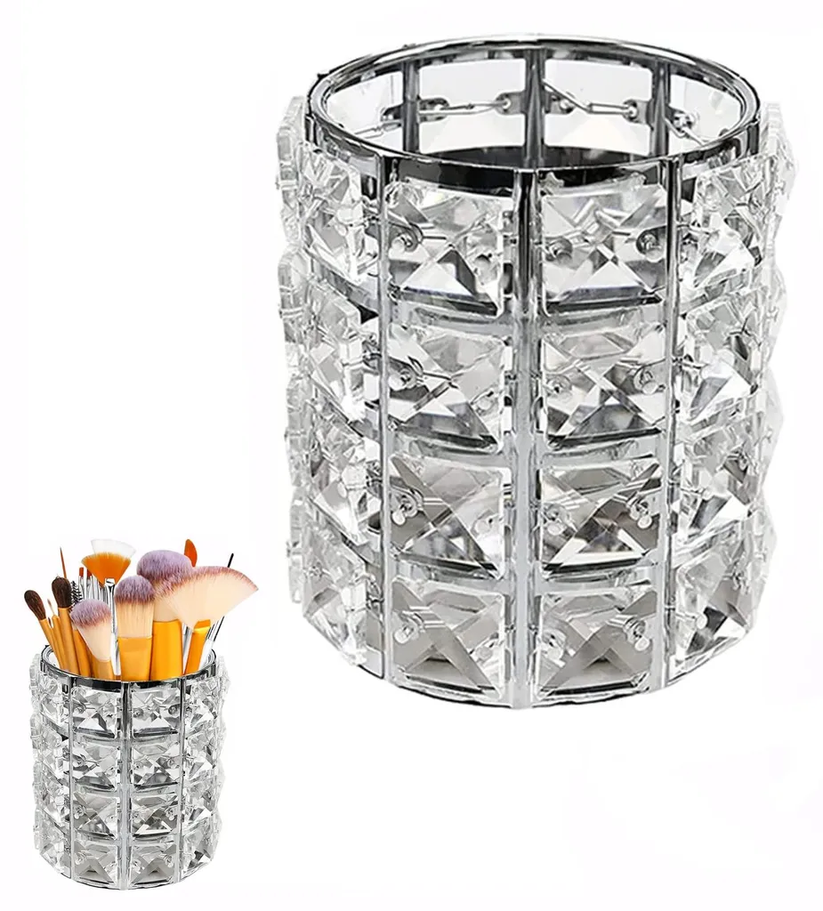 Support rangement pinceaux design cristal argenté et perles scintillantes