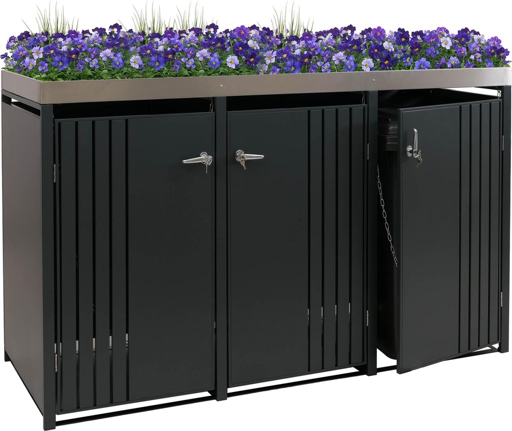 3er-Mülltonnenverkleidung MCW-O67, Mülltonnenbox mit Pflanzkasten, Metall 125x196x84cm 75kg anthrazit