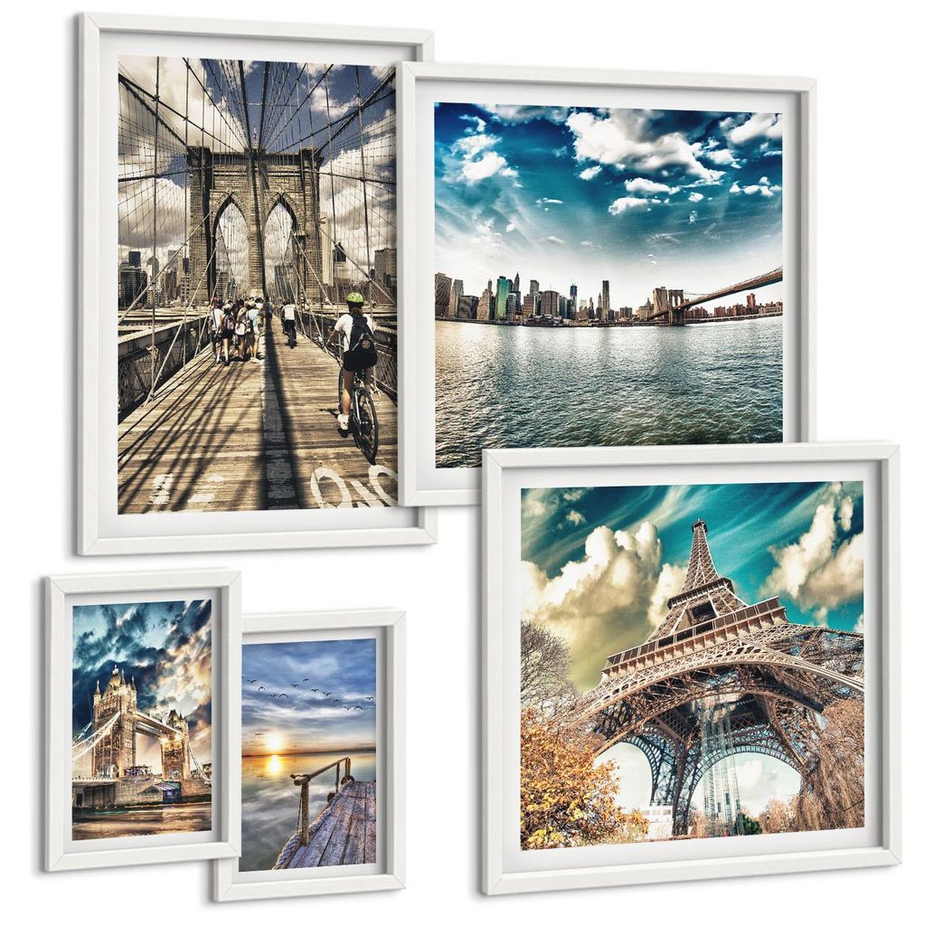 Bilder Set 5-teilig im Goldrahmen Rahmen – Wandbilder 5 Stück – gerahmte Poster für Wohnzimmer, Schlafzimmer und Flur – 50x50 cm - 40x60 cm...