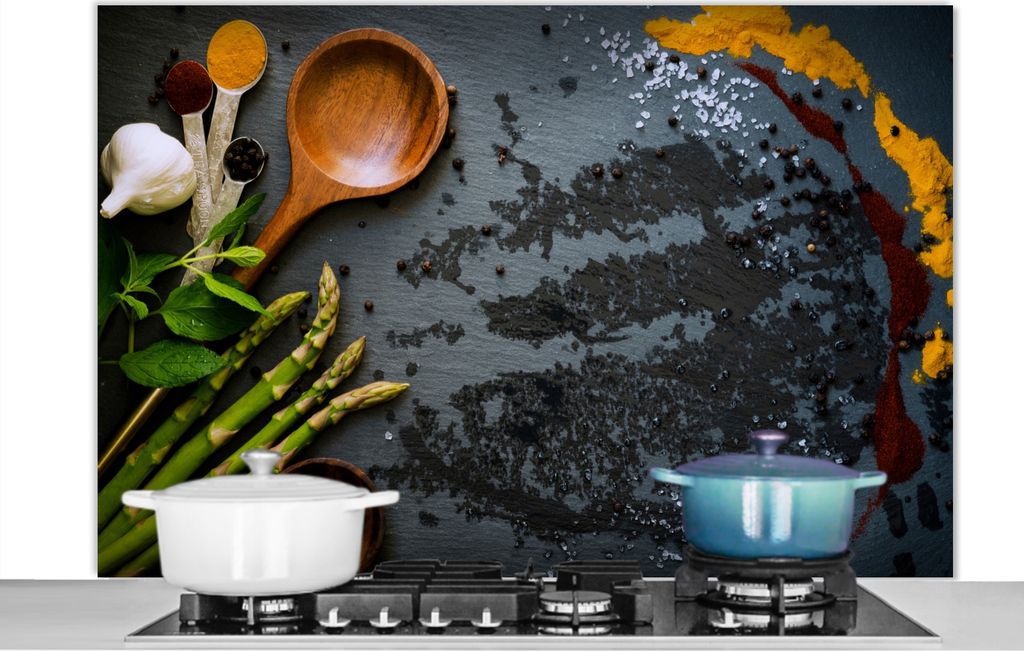 KitchenYeah Spritzschutz Küche - Küchenrückwand - Wandschutz für Herd und Spüle - Gewürze - Schöpfkelle - Küche 120x80 - Alu-Dibond (Alt...