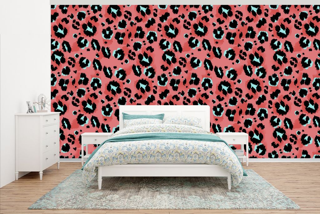 MuchoWow Fototapete für Wohnzimmer oder Schlafzimmer Wandtapete Vinyl Motivtapete Pantherdruck - Rosa - Blau - Muster - 500x280 cm - Fototapeten