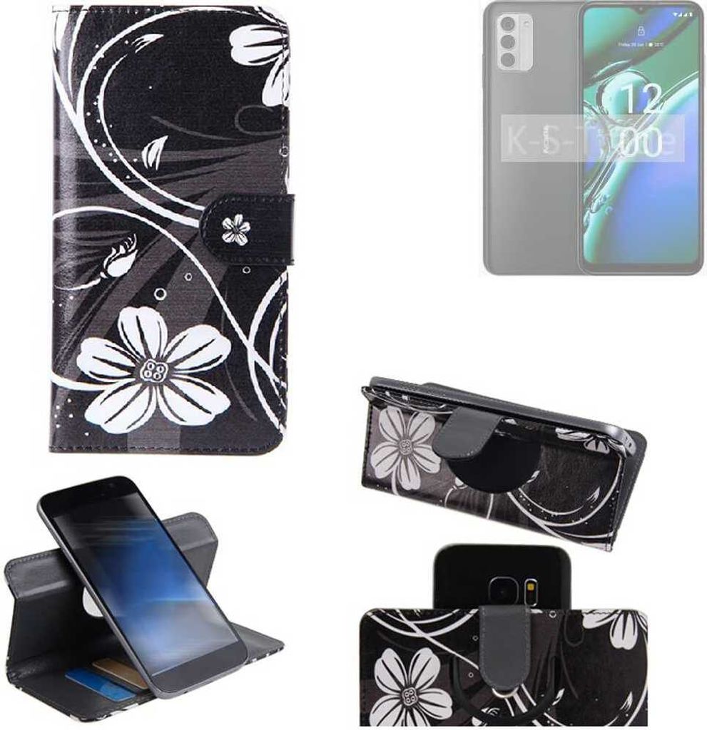 K-S-Trade Schutzhülle Handyhülle kompatibel mit Nokia G42 Hülle 360° Wallet Case “Flowers“ Klapphülle Hülle schwarz-weiß 1x