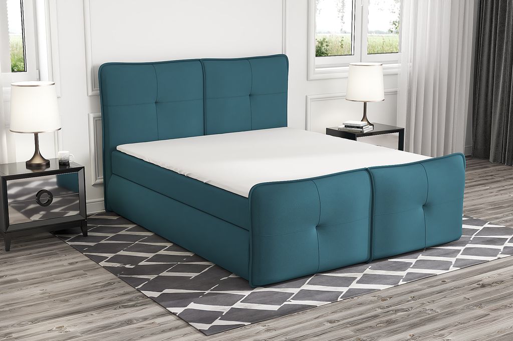 Boxspringbett HALL 200 x 200 mit 2 Bettkästen, Bonell-Matratze und Topper. Farbe: Blau