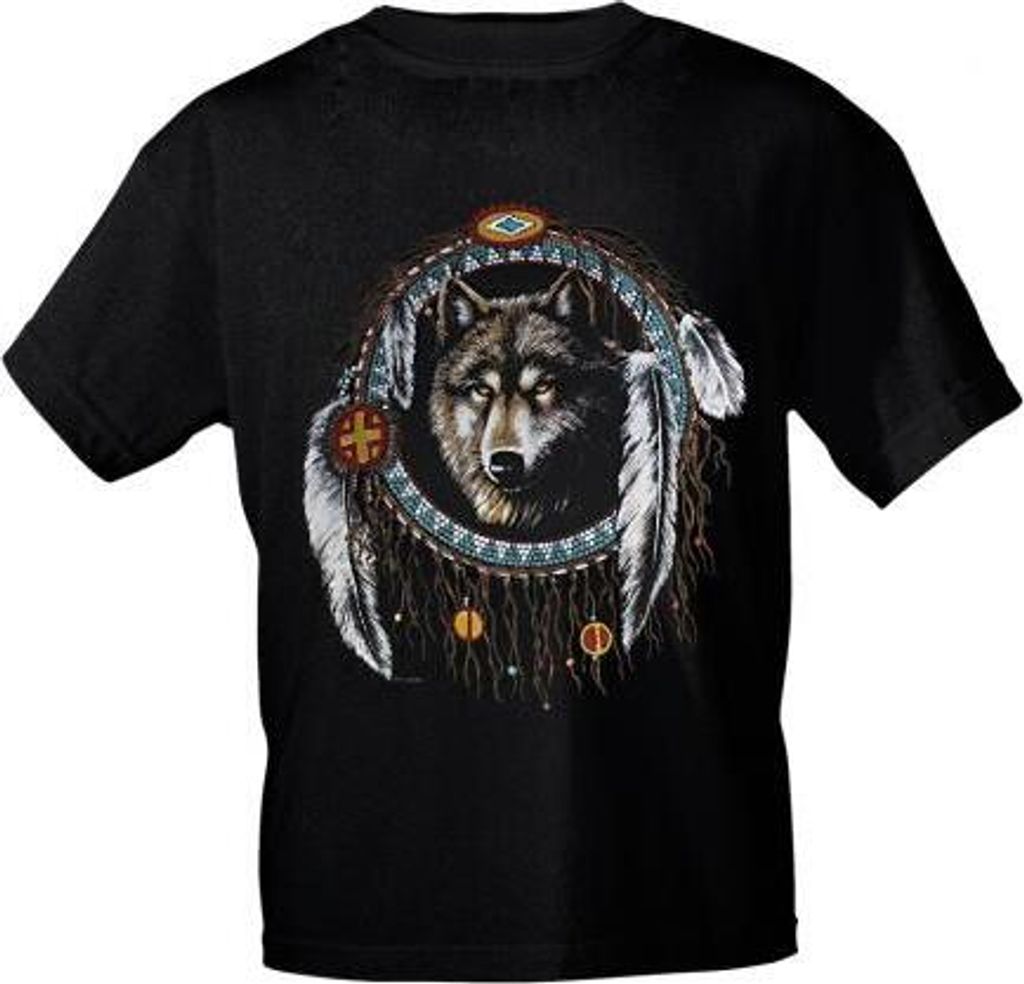 T-Shirt mit Print - Traumfänger Wolf Federn - YF225 schwarz Produktbild 