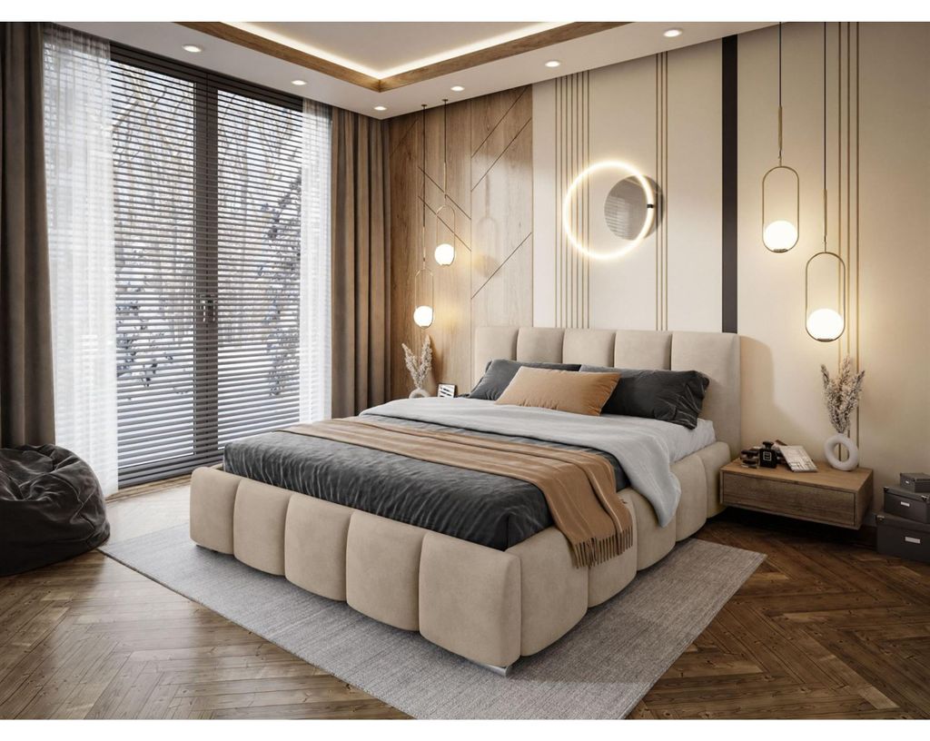 Bett mit Bettkasten fürs Schlafzimmer SORELLE Polsterbett 120 cm im Velours Bett mit gepolstertem Kopfteil, Größe: 120x200 cm, Farbe: Beige (jas...