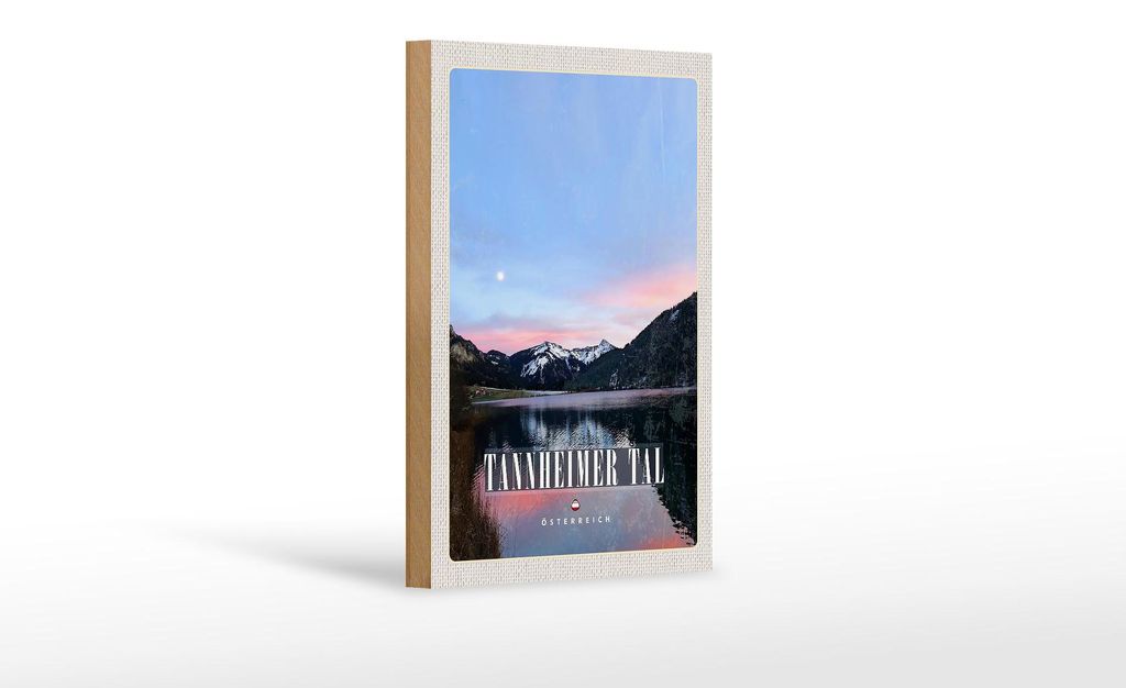 Holzschild Reise 12x18 cm Tannheimer Tal See Natur Sonnenaufgang