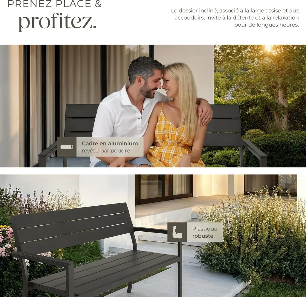 Banc d'extérieur 2 places en métal gris anthracite pour terrasse et parc