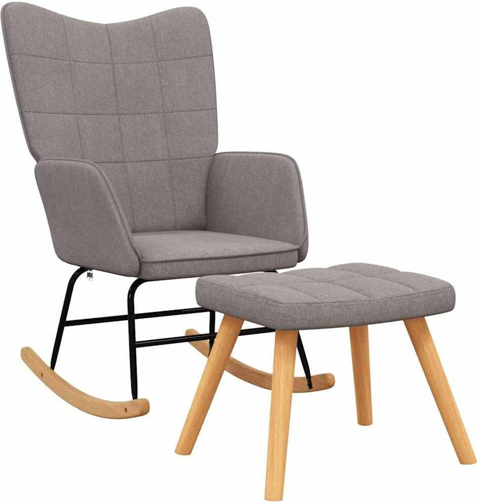 A gray rocking chair and ottoman set on a white background.