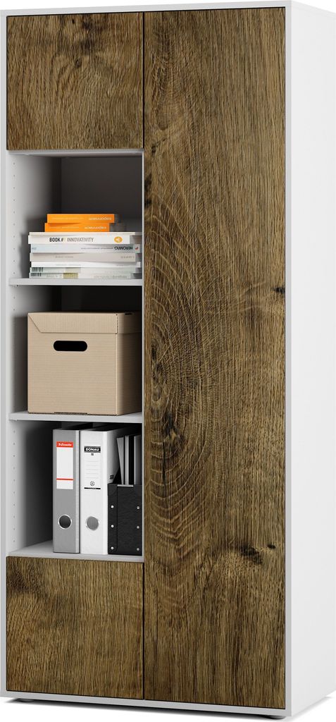 SIMPLYFURN Büroschrank Amira T30 | Aktenschrank & Mehrzweckschrank in Weiß & Eiche Ribbeck | 3 offene Fächer | Push-to-Open | 181x80x40 cm | fü...