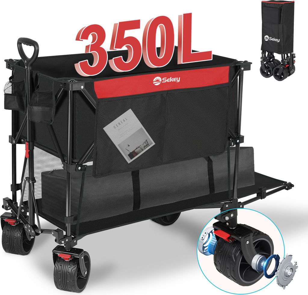 Sekey Bollerwagen Faltbar Doppelstockraum Transportwagen 4XL 350L Ladekapazität Faltwagen Camping Gartenwagen Strandwagen mit Verbreiterten Reifen
