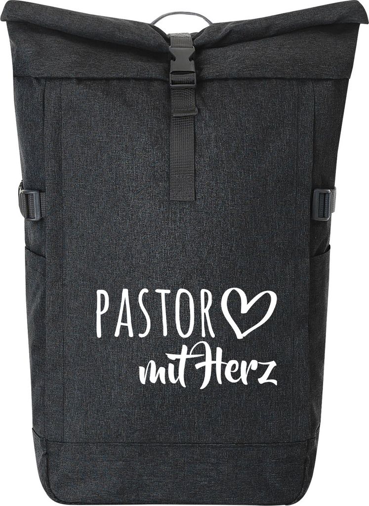 Huuraa Kurierrucksack Pastor mit Herz 30-44 Liter Black Melange Fairtrade Rolltop Rucksack Geschenkidee