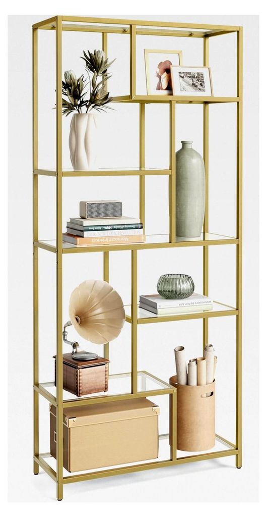 Bücherregal mit 6 Ablagen, Standregal, Ablagen aus Hartglas, 30 x 80 x 180 cm, für Arbeitszimmer, Büro, Wohnzimmer, Schlafzimmer, Küche, metall...