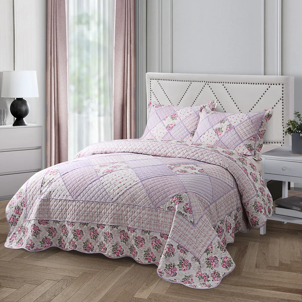 Couette douce patchwork violette réversible en microfibre brossée double