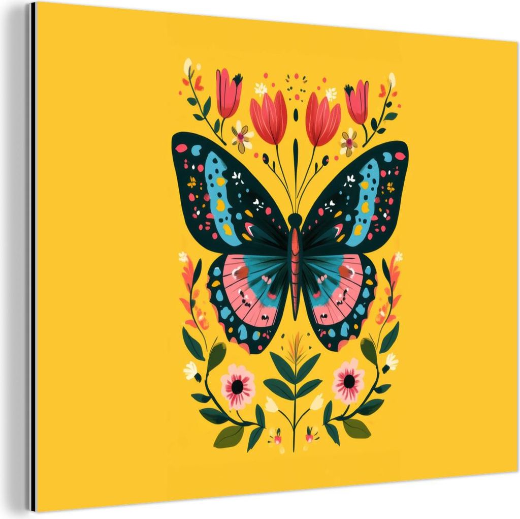 MuchoWow Wanddekoration Metall Metallbild Wandkunst 80x60 cm Blumen - Bunt - Schmetterling - Ornamental MuchoWow Aluminium Gemälde - Alubild