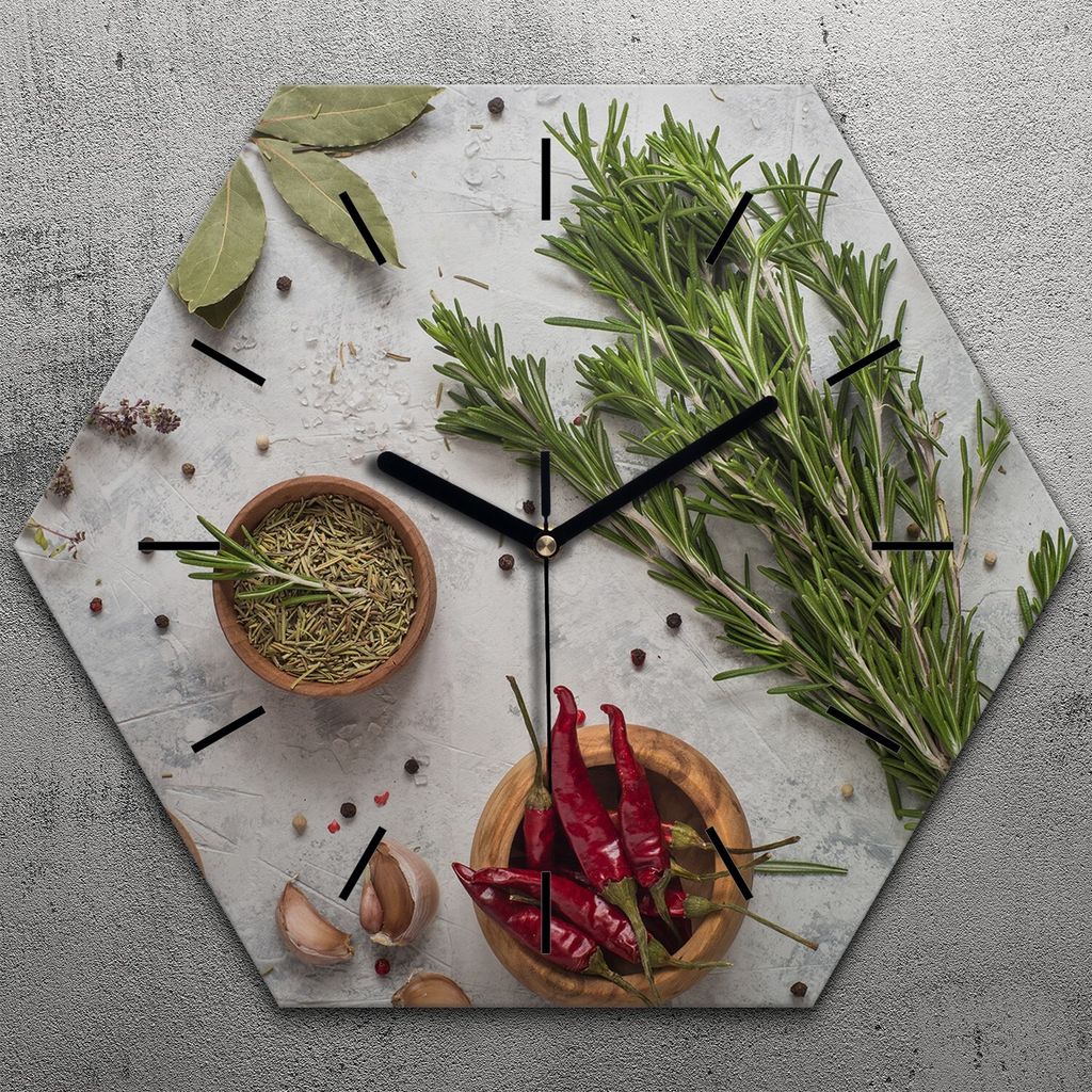 Uhr hexagonal 40 cm Glas Geräuschlos schwarze Zeiger - Gewürze Gemüse