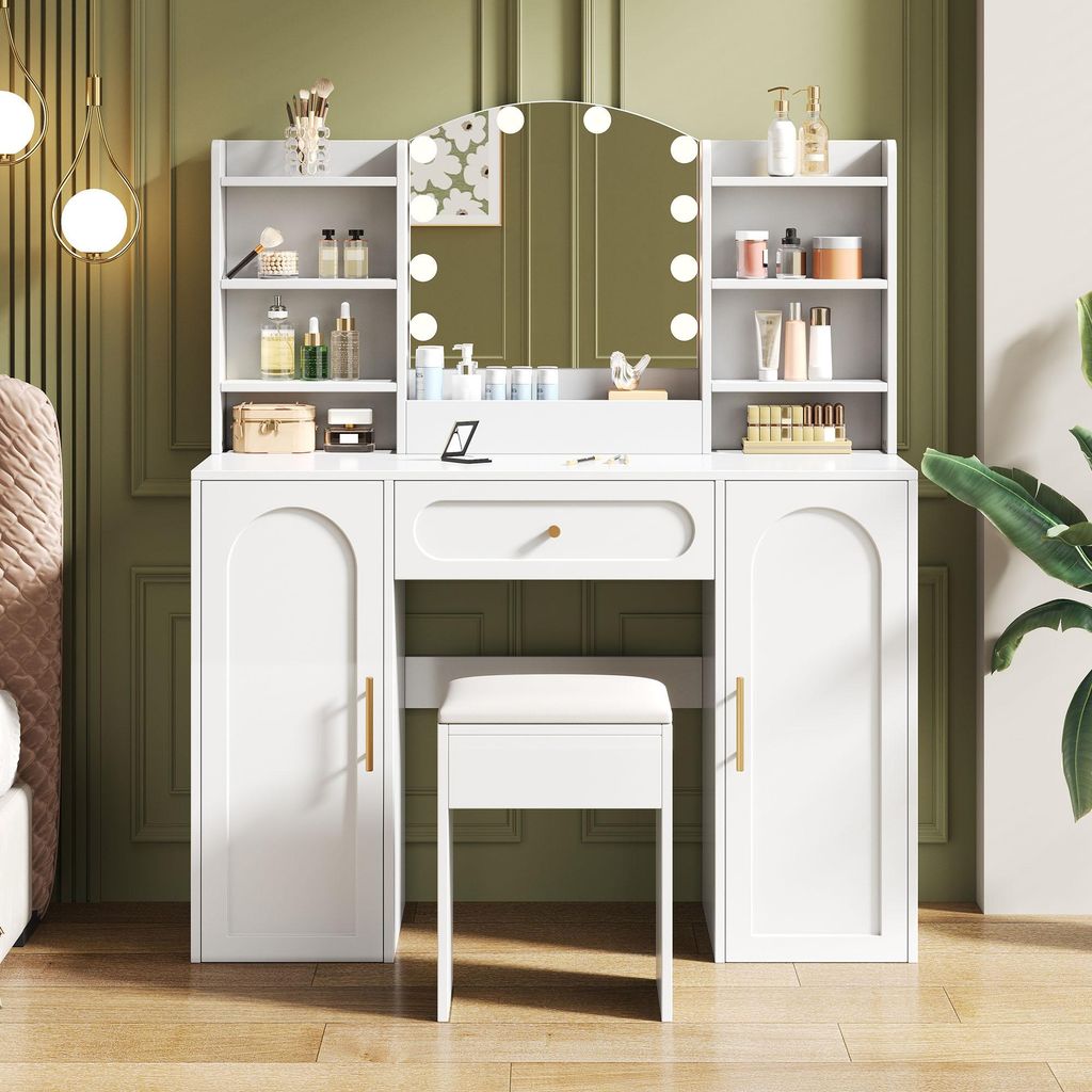 Großer Schminktisch mit LED-Beleuchtung, Spiegel & Hocker – 1 Schublade, 2 Türen, modernes Design, Weiß, 110x40x132 cm – ideal fürs Schlafz...