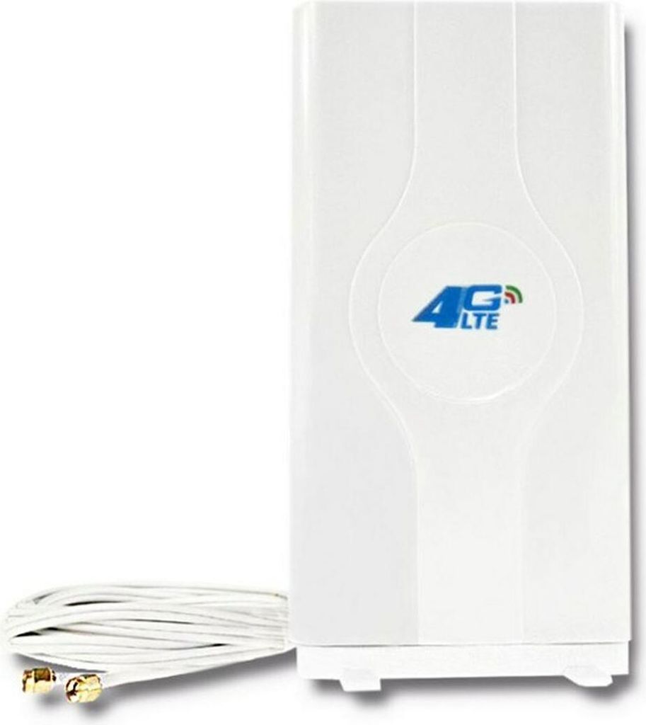 A white 4G LTE antenna with a white cable and two connectors is shown against a white background.