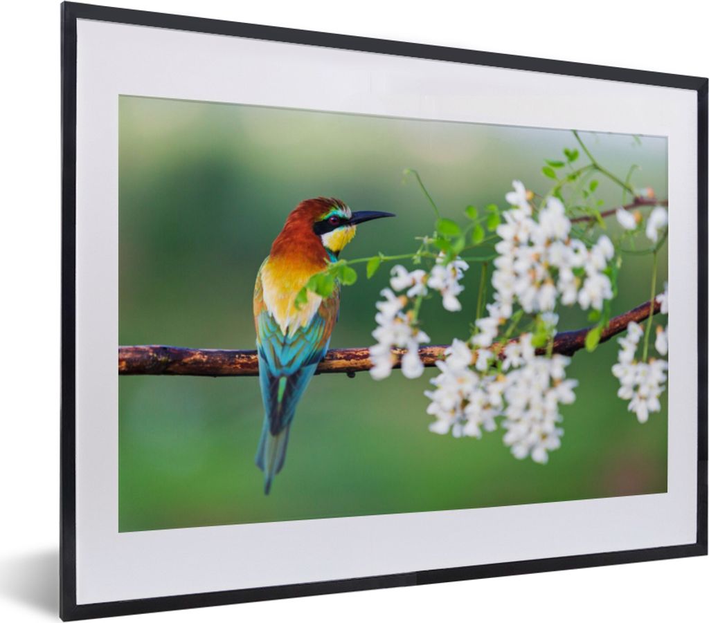MuchoWow Gerahmtes Poster Vogel - Bienenfresser - Blumen 40x30 cm - Poster mit Schwarzem Bilderrahmen Wandposter Rahmen Foto Bilder - Bilderrahme...