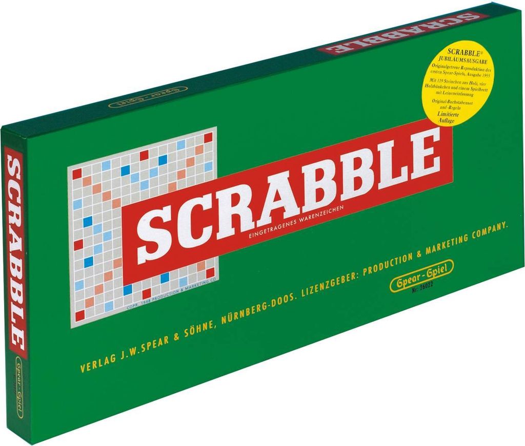 A Scrabble board game box, shown at an angle.