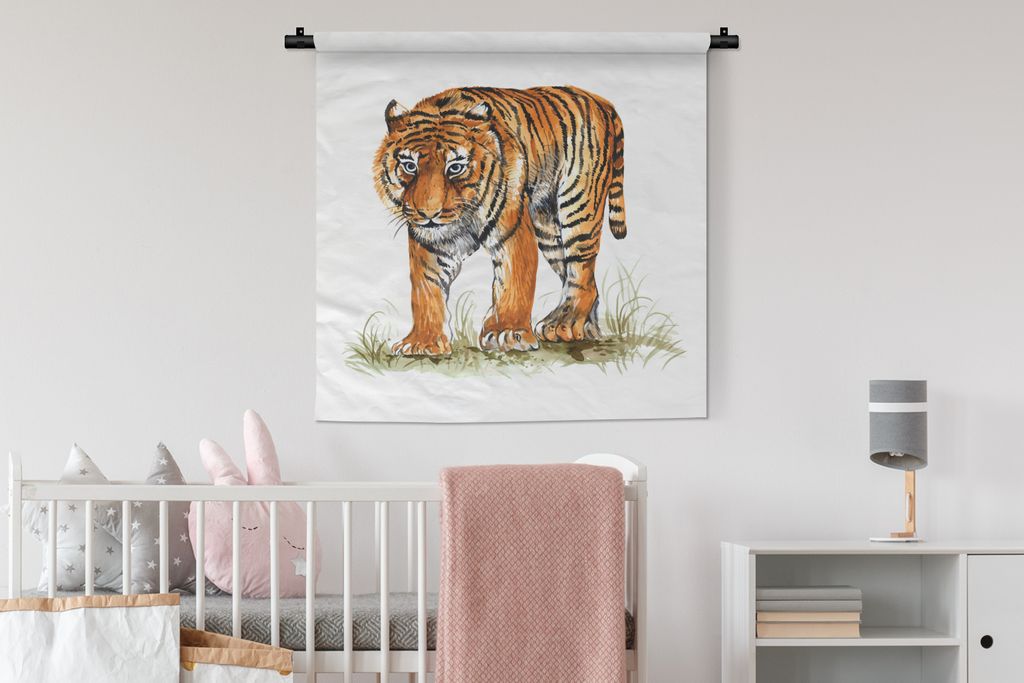 MuchoWow Wandteppich Wandbehang Tiger - Augen - Gras 90x90 cm Tapisserie Dekoration Wandtuch - Wandaufhänger