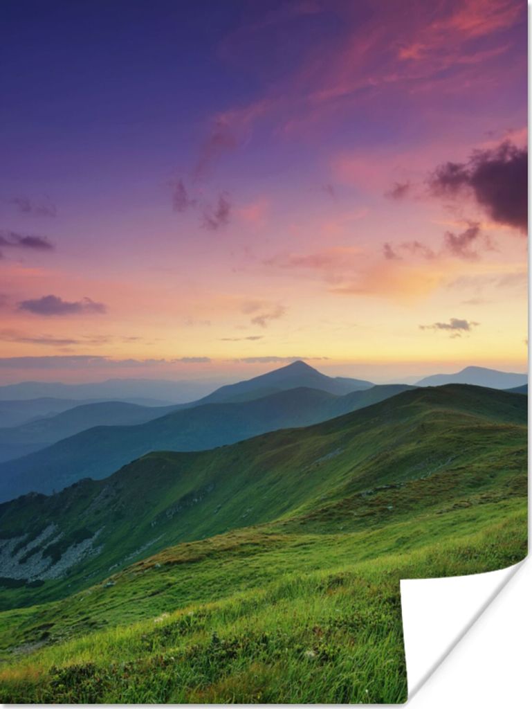 MuchoWow Poster Berg - Gras - Landschaft - Abend 60x80 cm - Schlafzimmer Dekoration