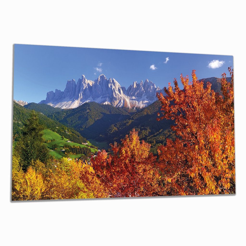 Wallario Herdabdeckplatte aus Glas, Größe 90 x 52 cm 1-teilig, Motiv Herbst im Gebirgstal unter blauem Himmel