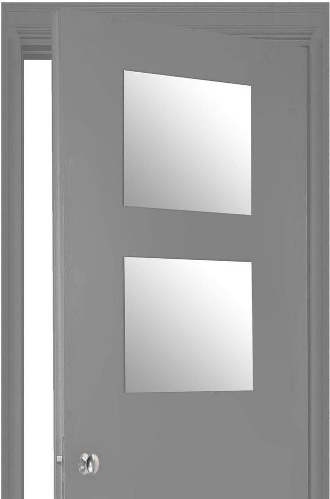 A gray door with two square windows and a silver doorknob.
