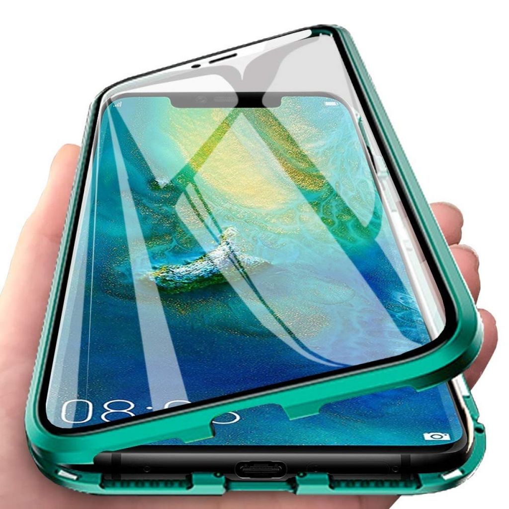 A hand holding a green smartphone case with a transparent front and back, showing a phone screen inside.