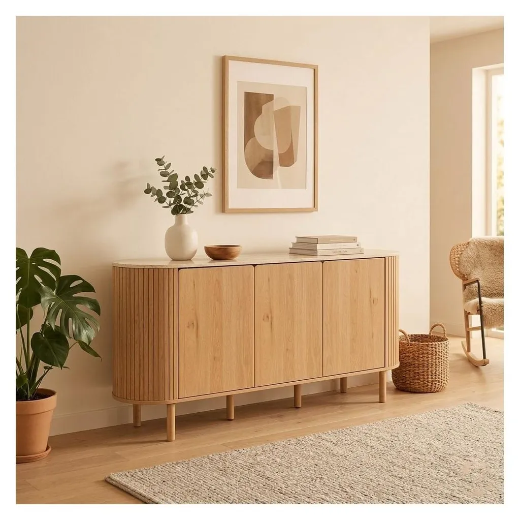 Buffet Design Helios 160 cm : Rangement Chic et Plateau Travertin