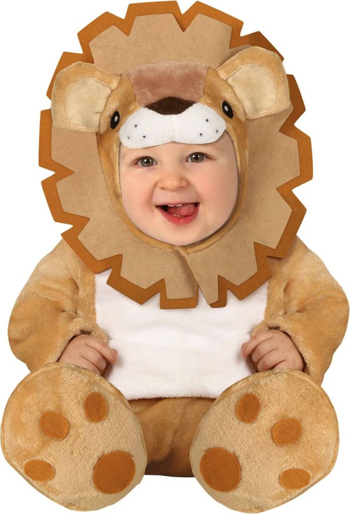 A baby wearing a lion costume, sitting and smiling.